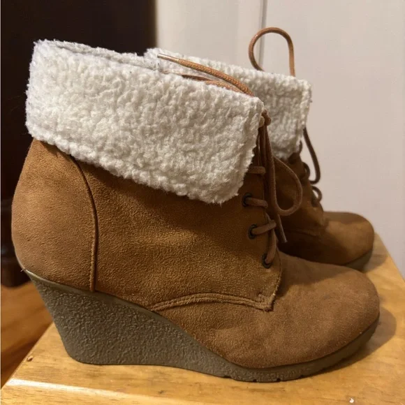 Rampage Brown Lace Up Booties with White Cuff - Picture 2 of 7